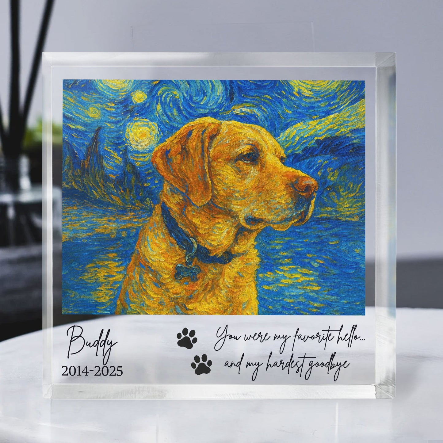 Favorite Hello & Hardest Goodbye Loss Of Pet Van Gogh Art - Personalized Acrylic Photo Plaque